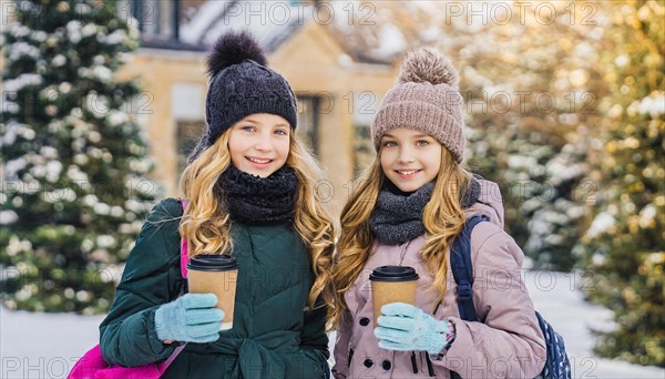 AI generates, human, humans, person, persons, child, children, girl, two, 15, years, outdoor, ice, snow, winter, seasons, drinks, drinking, coffee to go, coffee, cup, paper cup, hot drink, cap, bobble hat, gloves, winter jacket, cold, coldness