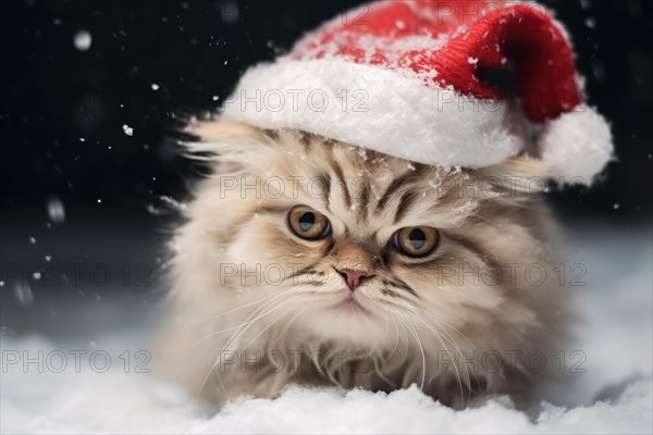 Persian cat with red Christmas Santa hat in snow. KI generiert, generiert AI generated