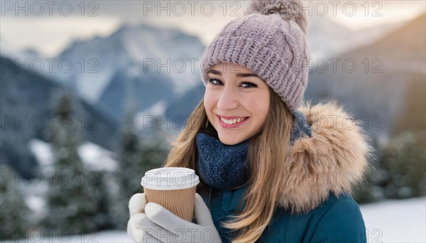 AI generated, human, humans, person, persons, woman, woman, one, coffee, coffee cup, coffee to go, outdoor, ice, snow, winter, seasons, drinks, drinking, cap, bobble hat, gloves, winter jacket, cold, cold weather