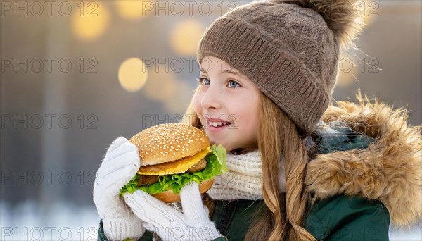 AI generated, human, humans, person, persons, child, children, girl, 10, 12, years, one person, outdoor, ice, snow, winter, seasons, eats, eating, burger, hamburger, cap, bobble hat, gloves, winter jacket, cold, coldness