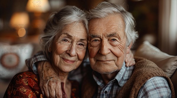 Close-up of a content elderly couple with bright smiles in a comfortable setting, ai generated, AI generated
