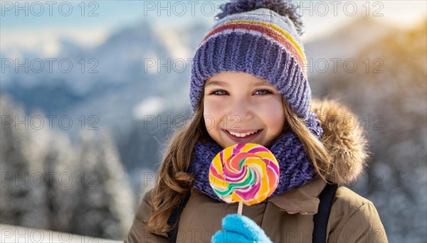 AI generated, Two little girls are happy about a lolly, lollipop, lollipop, human, people, person, persons, child, children, 10, years, two, outdoor, ice, snow, winter, seasons, eats, eating, hat, bobble hat, gloves, winter jacket, cold, coldness