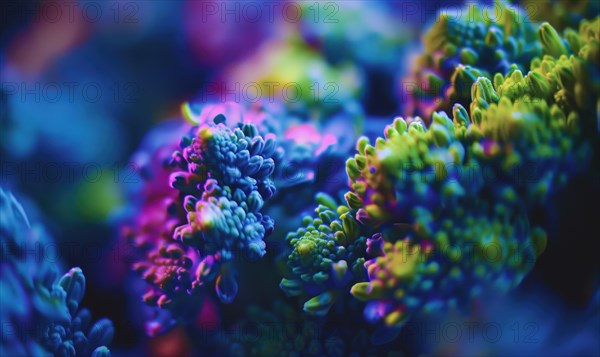 Close up of fresh green kale on dark background. Violet and pink toned photo AI generated