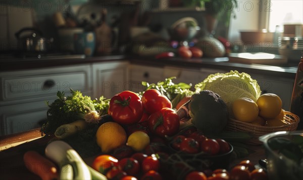 Fresh vegetables on the table in the kitchen. Healthy food concept AI generated