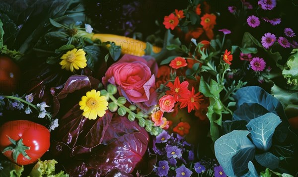 Colorful flowers and vegetables in the market, closeup of photo. AI generated