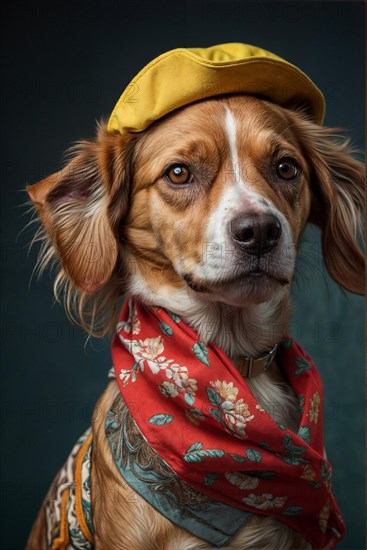 Playful dog wearing a yellow beret and a floral scarf, over grey solid studio background, AI generated
