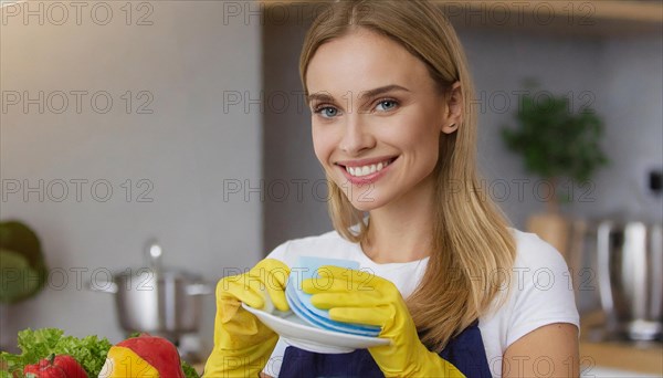 AI generated, woman, woman, 30, 35, blonde, blond, blonde, kitchen, sink, kitchen table, dishes, washing up, washing dishes, plates, cups, glasses, dishcloth, gloves, cleaning, water, polishing cloth, polishing, clean, cleanliness, housewife, mother, family