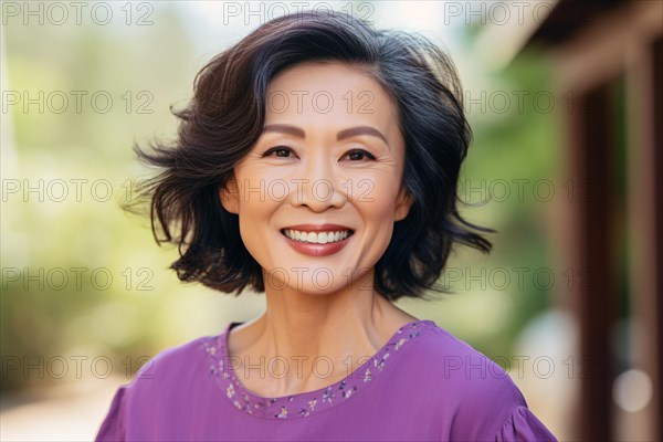 Smiling middle aged Asian woman with dark hair with gray streaks. KI generiert, generiert AI generated