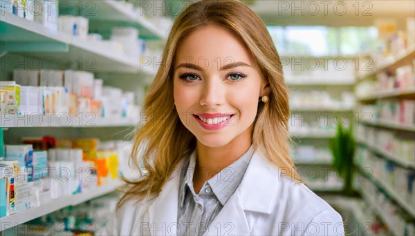 AI generated, A young pharmacist in her pharmacy, portrait, 30, 35, years, female, blonde, blond, blonde, beautiful teeth, smiles, long hair, profession, professions, medicines in the background