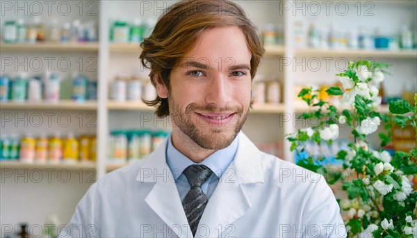 AI generated, A young pharmacist in his pharmacy, portrait, 30, 35, years, man, men, male, bearded, beautiful teeth, smiling, profession, professions, medicines in the background, a person