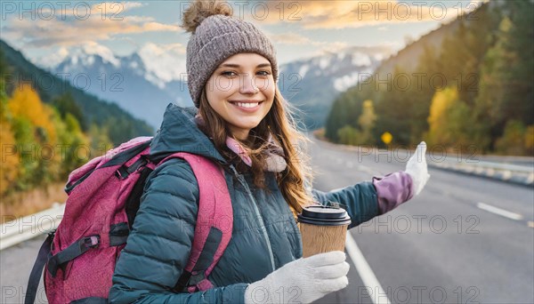 AI generated, human, humans, person, persons, woman, woman, one person, 20, 25, years, outdoor, seasons, cap, bobble hat, gloves, winter jacket, cold, cold, backpack, woman wants to travel, hitchhiking, hitchhiking, hitchhiking, road, motorway, coffee to go in hand, coffee, drink