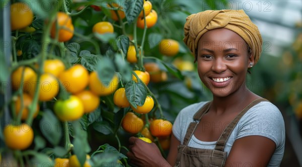 Woman picking green tomatoes, showing satisfaction with her garden's yield, ai generated, AI generated