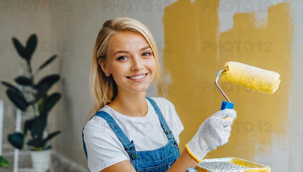 AI generated, woman, woman, a young girl paints a wall with new paint, yellow, yellow, renovation of old flat, paint roller, ladder, paint, 20, 25, years, one, one person, daughter, student, pastime, family, girl, smiling, smiling, fun at work, laughing, laughing, laughing, dungarees, jeans