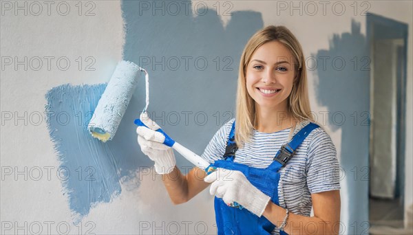 AI generated, woman, woman, a young girl paints a wall with new paint, blue, light blue, blue, light blue, renovation of old flat, paint roller, ladder, paint, 20, 25, years, a, a person, daughter, student, pastime, family, girl, smiles, smiling, fun at work, laughing, laughing, laughing, dungarees, jeans