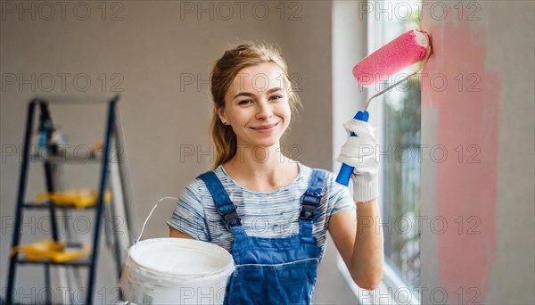 AI generated, woman, woman, a young girl paints a wall with new colour, pink, pink, renovation of old flat, paint roller, ladder, paint, 20, 25, years, one, one person, daughter, student, pastime, family, girl, smiling, smiling, fun at work, laughing, laughing, laughing, dungarees, jeans