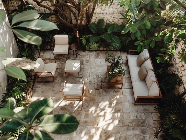 A serene courtyard with tropical plants, stone tiles, and comfortable outdoor furniture bathed in sunlight, Playa del Carmen beach in Mexico, AI generated