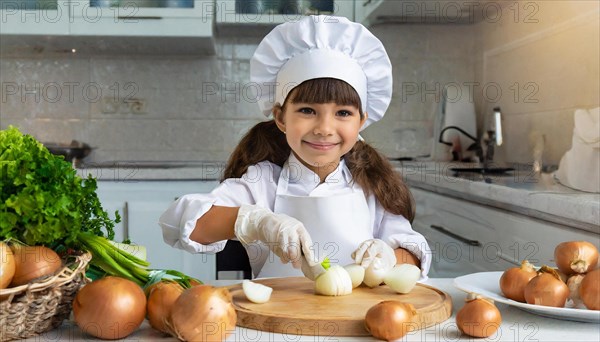 AI generated, human, humans, person, persons, child, children, 8 year old girl cutting onions in a white kitchen, chef hat, smock, cute, cute, beautiful eyes, beautiful teeth, cook, cook, kitchen table, vegetables, onions, garlic