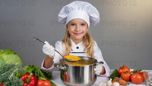 AI generated, human, humans, person, persons, child, children, 8 year old girl cooking a vegetable soup in a white kitchen, chef's hat, smock, cute, cute, cute, beautiful eyes, beautiful teeth, cook, cook, kitchen table, vegetables, onions, garlic