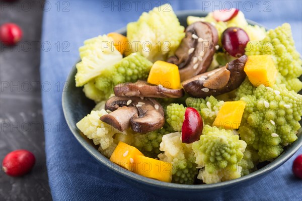 Vegetarian salad from romanesco cabbage, champignons, cranberry, avocado and pumpkin on a black concrete background and blue textile. side view, close up, selective focus