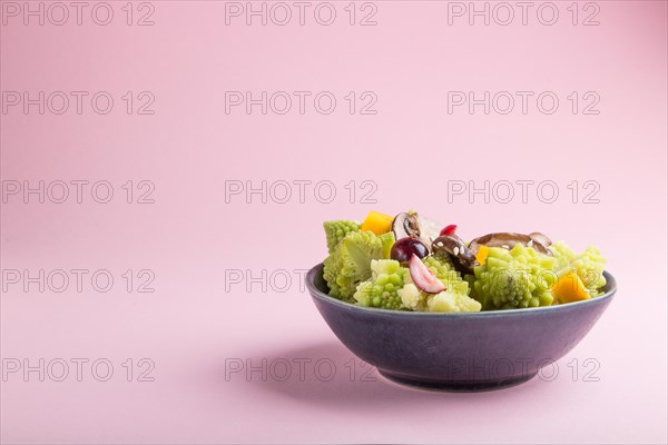 Vegetarian salad from romanesco cabbage, champignons, cranberry, avocado and pumpkin on a pastel pink background. side view, copy space