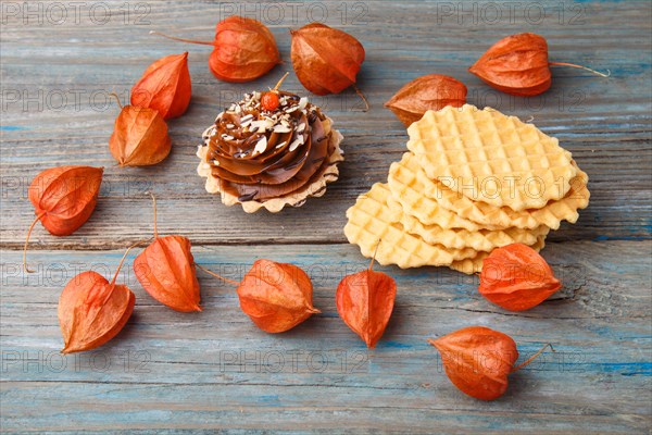 Sweet waffle, cake with cream and red physalis on a rustic blue wooden background