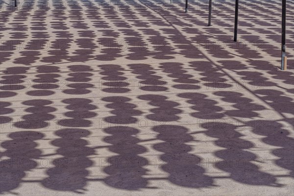 Shadows of oriental paper lanterns hanging from wires at Buddhist temple in South Korea