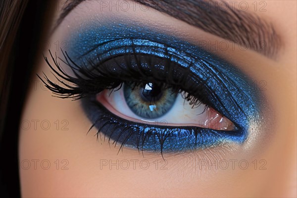 Close up of woman's eye with metallic blue eyeshadow makeup and long dark eyelashes. KI generiert, generiert AI generated