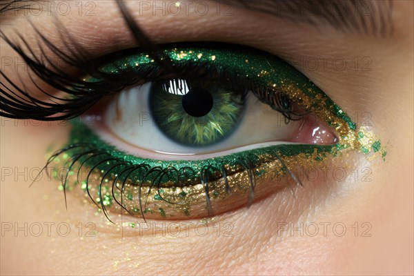 Close up of woman's eye with green and golden St. Patrick's day holiday eye makeup. KI generiert, generiert AI generated