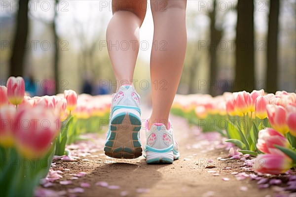 Back view of woman's legs with sport shoes jogging in park with pink tulip spring flowers. KI generiert, generiert AI generated