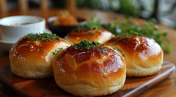 Glossy Japanese bread rolls topped with sesame seeds and parsley on a wooden serving board, ai generated, AI generated