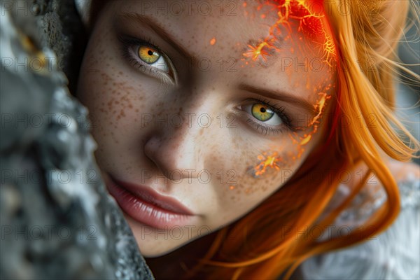 Close-up of a woman with yellow eyes and fire or lava textured facial skin, AI generated, AI generated