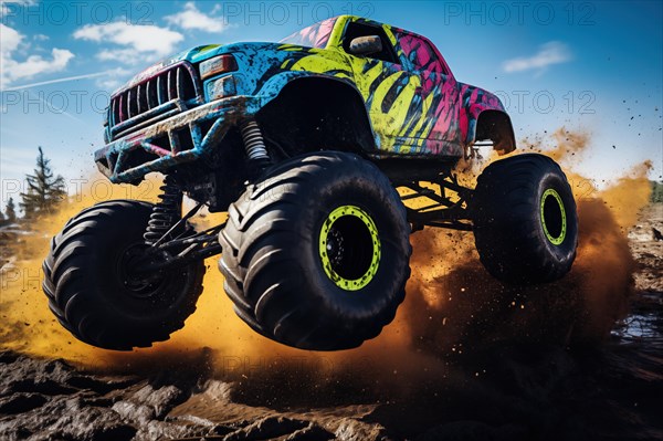 Monster truck driving and jumping outdoors amidst a cloud of dust. Thrill and adrenaline of an outdoor racing event on off-road terrain, AI generated