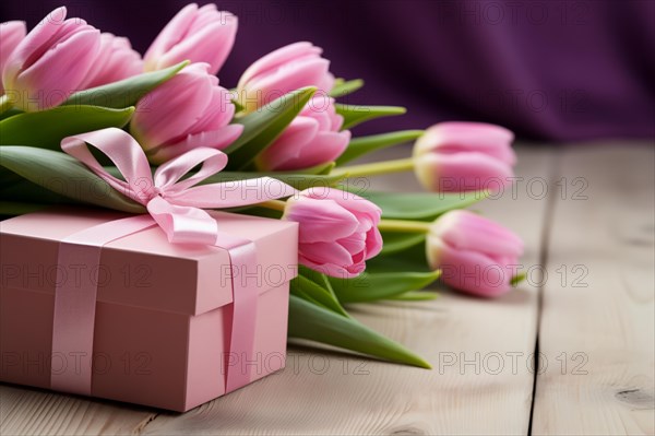 Gift Box with Pink Ribbon Beside bouquet of Fresh Tulips on Bokeh Background. Good for Valentine day, March 8, mother day, spring holidays, birthday designs, AI generated