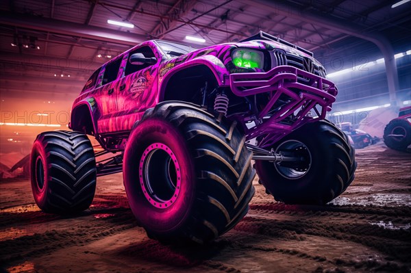 Monster truck illuminated by neon lights, excitement and thrill of an extreme sport and entertainment monster truck stunts racing show, AI generated