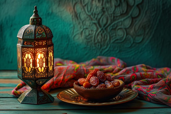 Ramadan lantern with a plate of succulent figs, set on an ornate table with intricate designs, evoking the rich traditions and serene moments of the holy month, AI generated