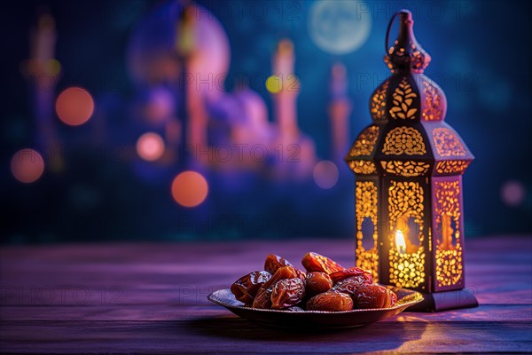 Ramadan lantern with a plate of succulent figs in violet purple tones with mosque and moon, set on an ornate table with intricate designs. Rich traditions and serene moments of the holy month Ramadan, AI generated