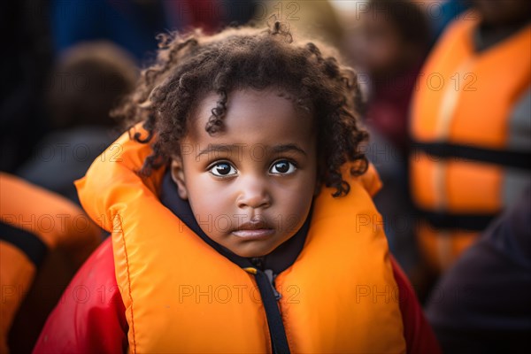 Young sad refugee child with orange life jacket on migrant boat. KI generiert, generiert AI generated