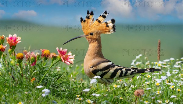 KI generated, animal, animals, bird, birds, biotope, habitat, one, individual, reed, water lilies, blue sky, foraging, wildlife, hoopoe (Upupa epops), tree hoopoes, meadow, spring, flowers