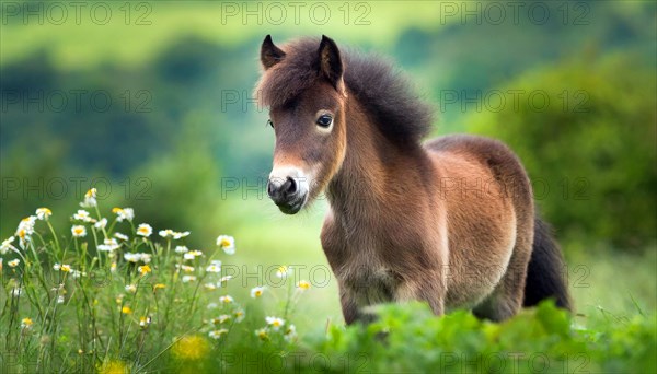 KI generated, animal, animals, mammal, mammals, biotope, habitat, one, individual animal, foraging, wildlife, meadow, pasture, Exmoor pony, horse, horses, ungulates, English pony breed, South West England, Exmoor, (Equus ferus caballus), foal, flower meadow