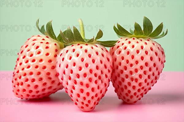 White pink Pineberry strawberry variant fruits on green background. KI generiert, generiert AI generated