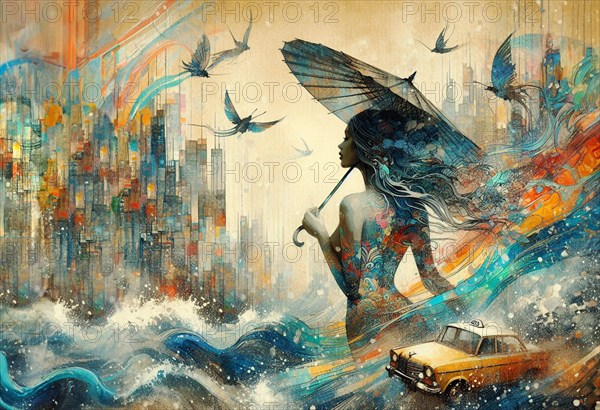 Geisha with birds and taxi caught in wave-like motion in cityscape mural with predominant blues, shunga vintage japanese themed style art, AI generated