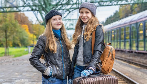 AI generated, Two young blonde woman want to travel and wait in the station for the train, 18, blond, blonde, modern, modern, suitcase, handbag, leather jacket, white, sneakers, shoes, sexy, attractive, attractive, long-haired, transport, traffic