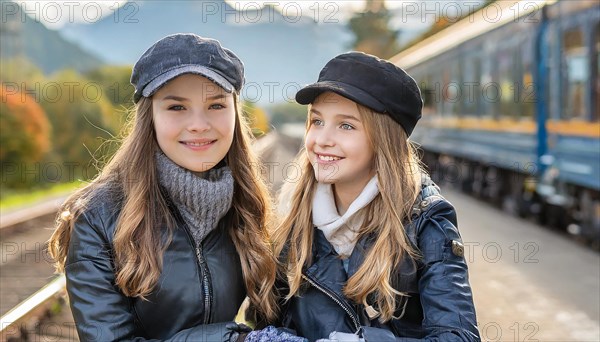 AI generated, Two young blonde woman want to travel and wait in the station for the train, 18, blond, blonde, modern, modern, suitcase, handbag, leather jacket, white, sneakers, shoes, sexy, attractive, attractive, long-haired, transport, traffic