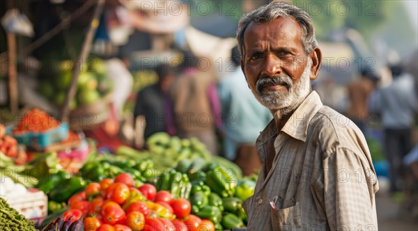 Solemn market vendor with a gray mustache among a variety of fresh vegetables, ai generated, AI generated