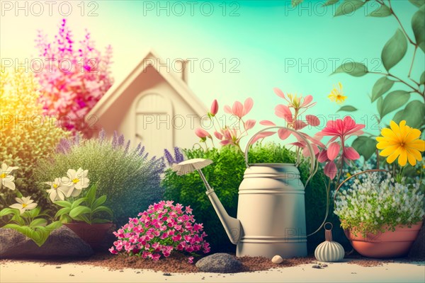 Charming garden shed surrounded by colorful flowers and greenery with gardening tools in the sunlight, Spring garden background illustration, generated ai, AI generated