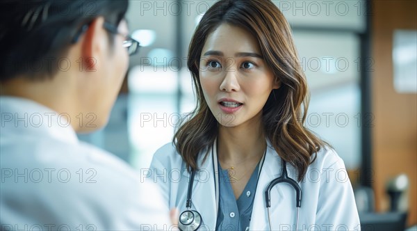 Doctor having a concerned but attentive conversation with a patient during a medical consultation, ai generated, AI generated
