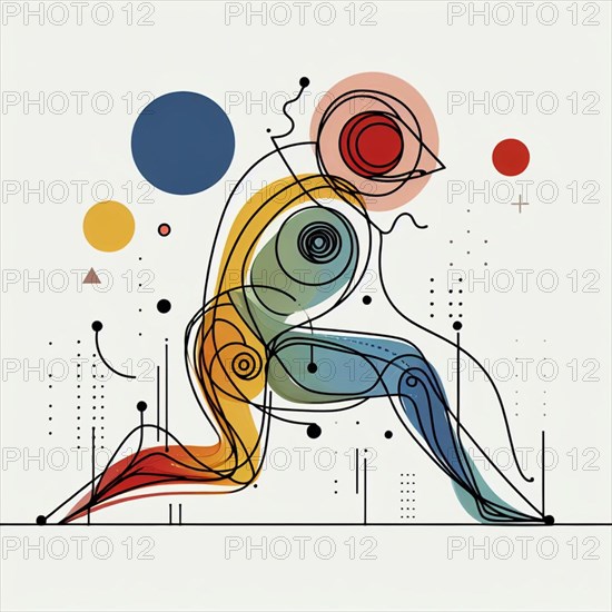 Stylized abstract line art of a seated human figure with circular and linear elements, continuous line art, creature is stylized and simplified to the most basic geometric forms, exaggerated features, adorned with splashes of primary colors, clean white solid background, with subtle geometric shapes and thin, straight lines that intersect with dotted nodes and overlap the figures. The overall aesthetic is modern and contemporary, AI generated