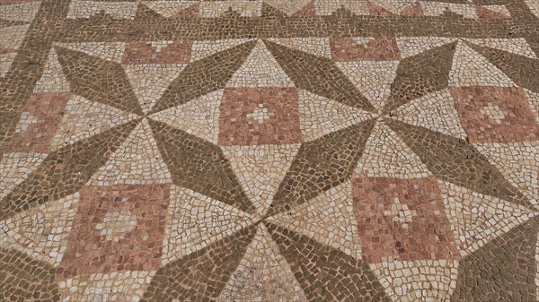Floor mosaic with geometric patterns in unobtrusive colours, archaeological site, Ancient Messene, capital of Messinia, Messini, Peloponnese, Greece, Europe