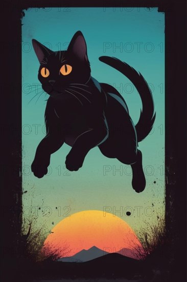 Black cat with a silhouette framed by a full moon in a starry night sky, minimalist vintage design muted faded, bright background, AI Generated, AI generated