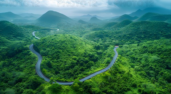 Winding road cutting through lush green mountainscape with hills under a cloudy sky, ai generated, AI generated